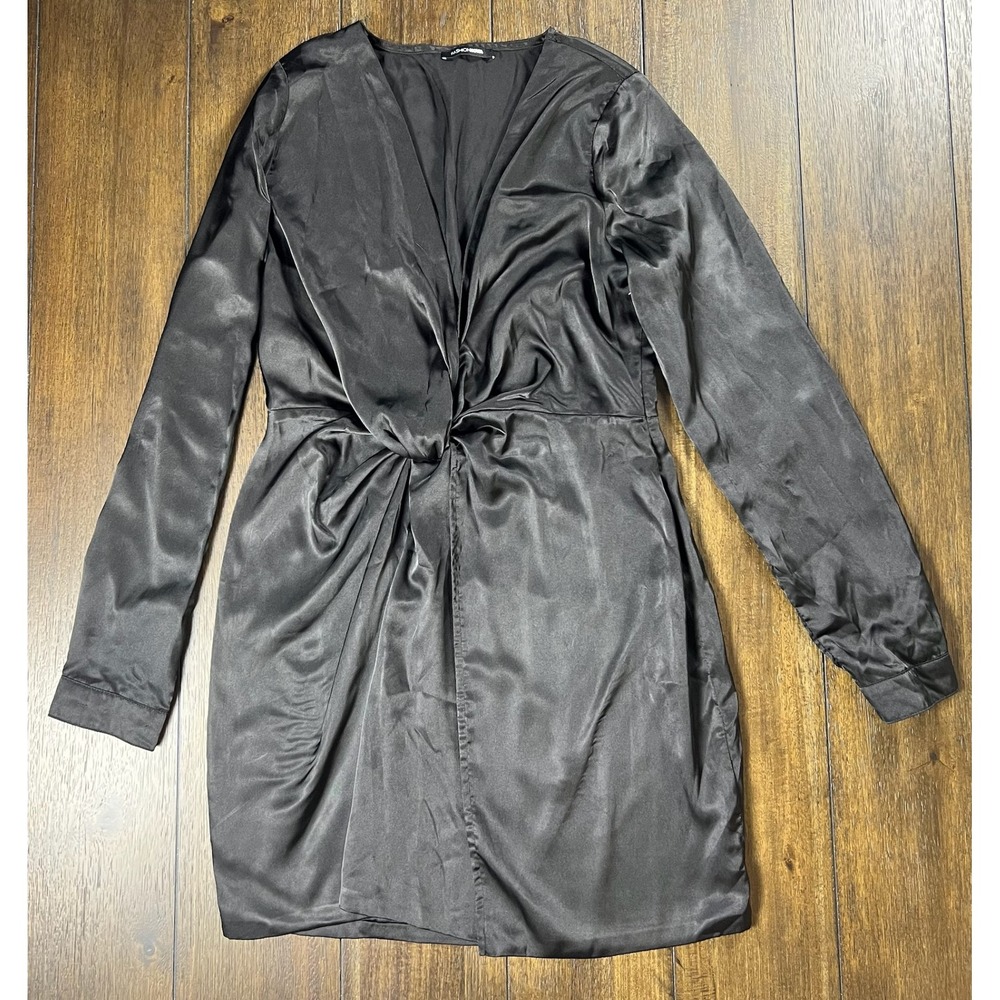 Fashion Nova Black Satin Twist Front V-Neck Mini Dress DWRZ12911A Large